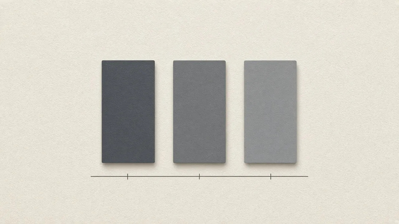 Three gray slabs stepping lighter, on a tick line.